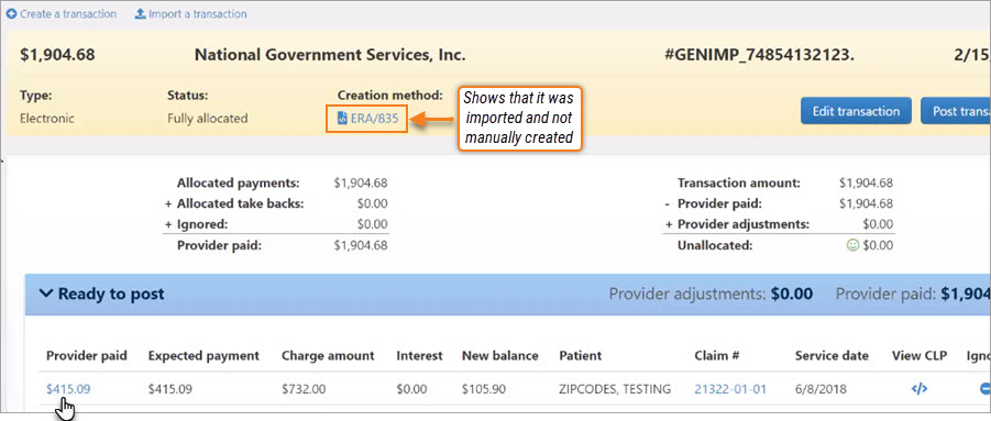 Click the provider paid amount from the line items.